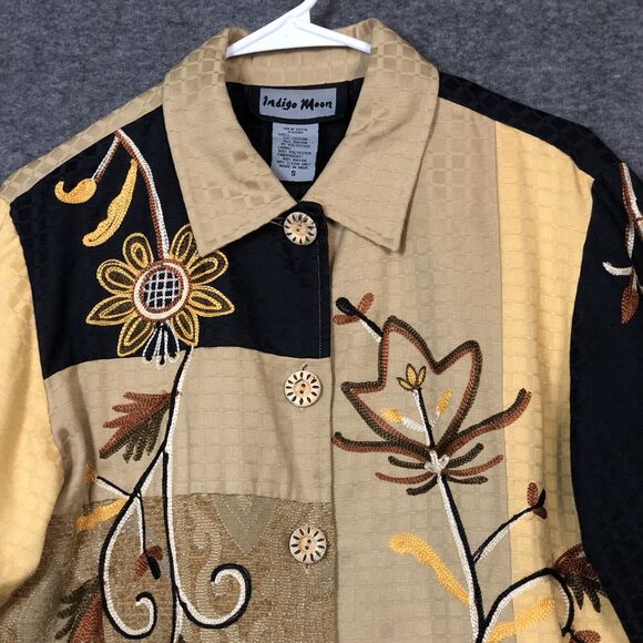 Indigo Moon Jacket Womens L Floral Embroidered Colorful Shirt Brown/Beige/Honey - Picture 2 of 14